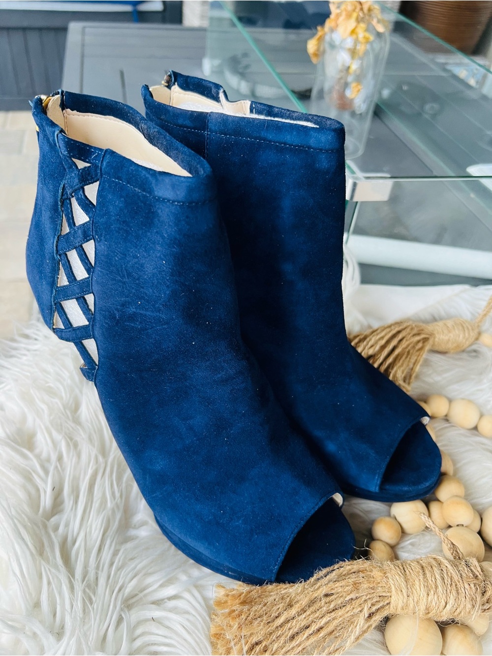 Nine West Navy Blue Suede Peep-Toe Lattice Ankle Booties - Picture 6 of 6